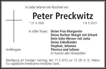Traueranzeige von Peter Preckwitz von Pegnitz-Zeitung